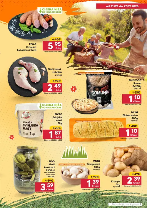 Pivac katalog — stranica 5: Pileći batak, zabatak s kosti, Krumpir 5kg, VEGO Šampinjoni 400g, FIGO Kiseli krastavci 2500ml (vrijedi 21. 09. 2026.–27. 09. 2026.)