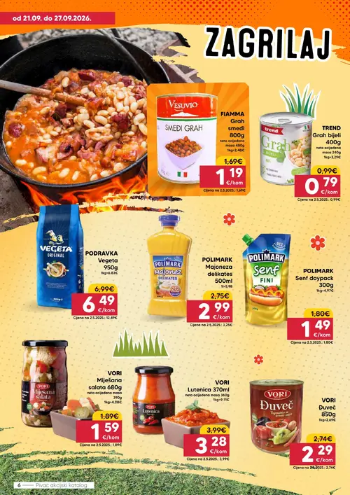 Pivac katalog — stranica 6: FIAMMA Grašak smeđi, TREND Grašak bijeli, VORI Lutenica, POLIMARK Senf doypack (vrijedi 21. 09. 2026.–27. 09. 2026.)