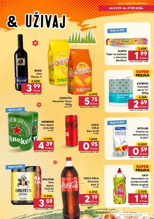 Pivac katalog — stranica 7: EXPERTO Kuhinjski ubrus 1/1, OPTILINE Vrećice za domaćinstvo 3l 25/1, ALUFIX Papir za pečenje u listovima 38x42cm, LIKVI Deterdžent za pranje posuđa 900ml original (vrijedi 21. 09. 2026.–27. 09. 2026.)