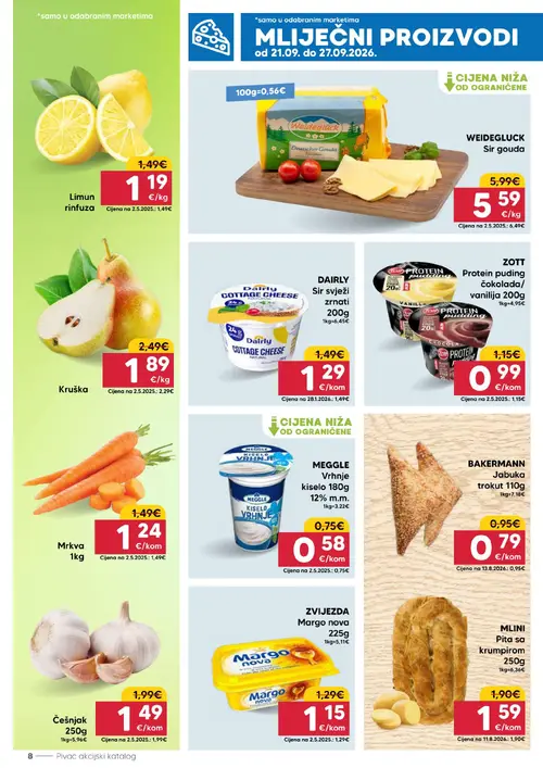 Pivac katalog — stranica 8: Češnjak, Kruška, Meggle Vrhnje kiselo, Limun rinfuza (vrijedi 21. 09. 2026.–27. 09. 2026.)