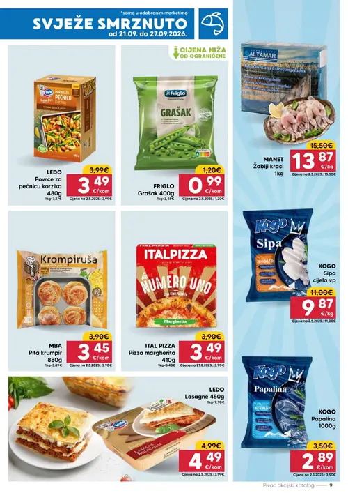 Pivac katalog — stranica 9: FRIGLO Grašak, KOGO Papalina, LEDO Povrće za pećnicu korzika, MBA Pita krumpir (vrijedi 21. 09. 2026.–27. 09. 2026.)