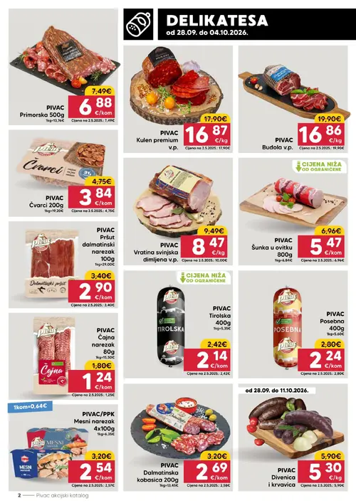 Pivac katalog — stranica 2: PIVAC Čajna narezak 80g, PIVAC Šunka u ovitku 800g, PIVAC/PPK Mesni narezak 4x100g, PIVAC Posebna 400g (vrijedi 28. 09. 2026.–04. 10. 2026.)