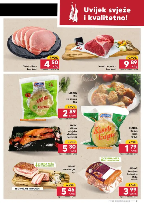 Pivac katalog — stranica 3: PIVAC Hamburger v.p., MADIG Kupus kiseli glave, Juneća lopatica bez kosti, Svinjski kare bez kosti (vrijedi 28. 09. 2026.–04. 10. 2026.)