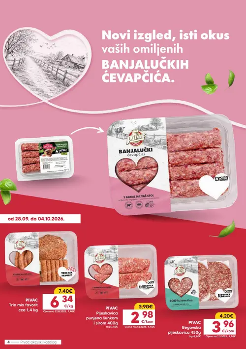 Pivac katalog — stranica 4: PIVAC Pljeskavica punjena šunkom i sirom 400g, PIVAC Begovska pljeskavica 450g, PIVAC BANJALUČKI ćevapčići, PIVAC Trio mix favorit cca 1,4 kg (vrijedi 28. 09. 2026.–04. 10. 2026.)