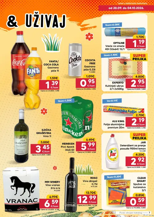 Pivac katalog — stranica 7: EXPERTO Kuhinjski ubrus 2/1 2x500g, CLEAN SMART Spužva za kućanstvo 3/1, JAR Deterdžent za pranje posuđa 900ml lemon, OPTILINE Vreće za smeće 40l (53x64) 15/1 (vrijedi 28. 09. 2026.–04. 10. 2026.)