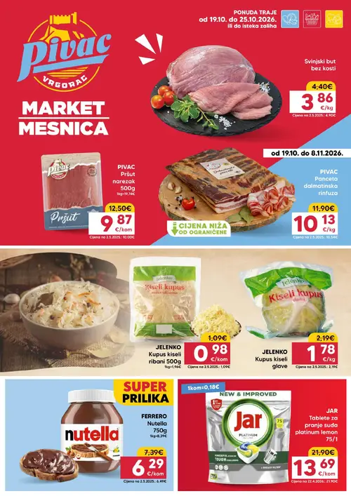 Pivac katalog — stranica 1: JAR Tablete za pranje suđa platinum lemon, PIVAC Pršut narezak, Jelenko Kupus kiseli glave, PIVAC Panceta dalmatinska rinfuza (vrijedi 19.10.–25.10.2026.)