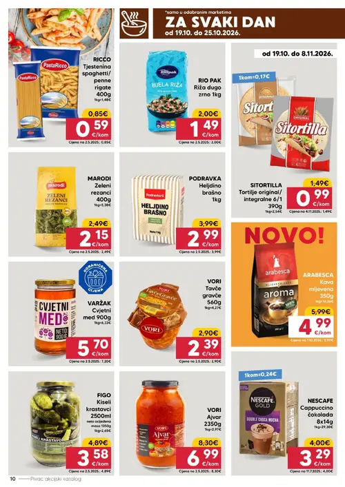 Pivac katalog — stranica 10: SITORTILLA Tortilje original/integralne, RICCO Tjestenina spaghetti/penne rigate, FIGO Kiseli krastavci, RIO PAK Riža dugo zrno (vrijedi 19.10.–25.10.2026.)