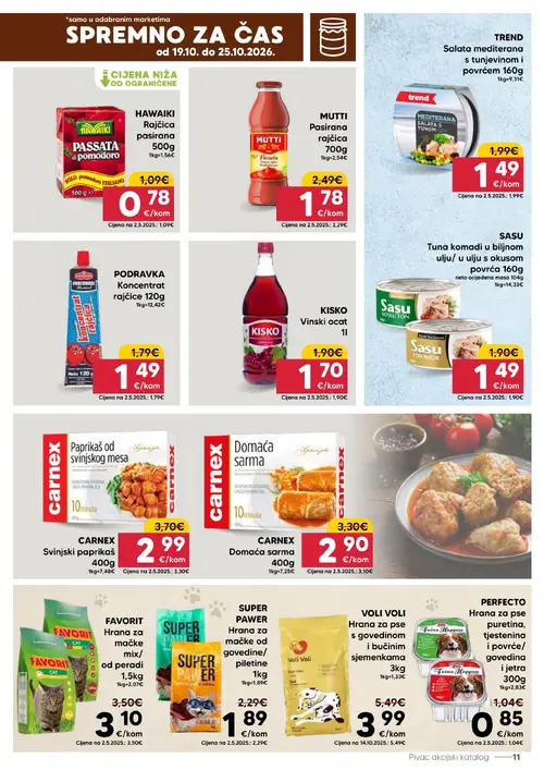 Pivac katalog — stranica 11: MUTTI Pasirana rajčica 700g, HWAIIKI Rajčica pasirana 500g, VOLI VOLI VOLI Hrana za pse s govedinom i bučinim sjemenkama 3kg, TREND Salata mediterana s tunjevinom i povrćem 160g (vrijedi 19.10.–25.10.2026.)