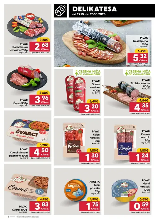 Pivac katalog — stranica 2: PIVAC Zimska narezak 80g, PIVAC Mesni narezak 100g, PIVAC Kulen narezak 80g, PIVAC Čvarci 200g (vrijedi 19.10.–25.10.2026.)