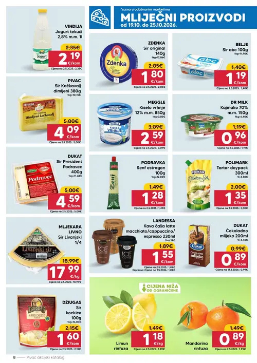 Pivac katalog — stranica 8: Mandarina rinfuza, POLIMARK Tartar doypack 300ml, DŽIUGAS Sir kockice 100g, Limun rinfuza (vrijedi 19.10.–25.10.2026.)