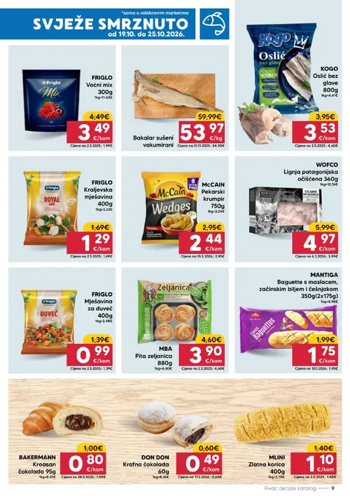 Pivac katalog — stranica 9: FRIGLO Mješavina za duvec, FRIGLO Kraljevska mješavina, KOGO Oslić bez glave, MLINI Zlatna korica (vrijedi 19.10.–25.10.2026.)