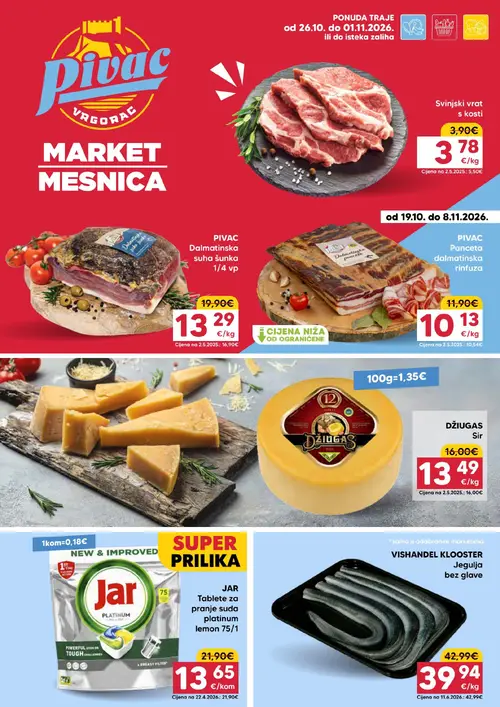 Pivac katalog — stranica 1: JAR Tablete za pranje suđa platinum lemon 75/1, VISHANDEL KLOOSTER Jegulja bez glave, PIVAC Panceta dalmatinska rinfuza, DŽIUGAS Sir (vrijedi 25.10.–01.11.2026.)