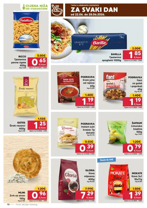 Pivac katalog — stranica 10: ŠAFRAM Limunska kiselina, DOLCELA Instant suhi kvasac, RICCO Tjestenina penne rigate, MOKATE Kava 3u1 (vrijedi 22. 06. 2026.–28. 06. 2026.)