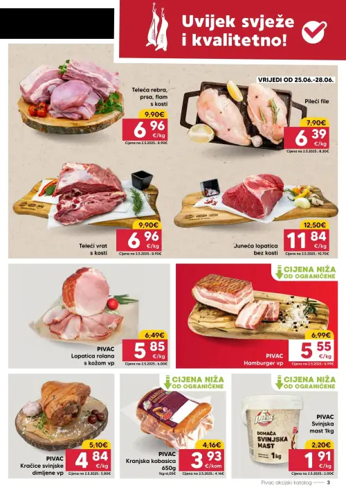 Pivac katalog — stranica 3: Pileći file, Teleća rebra, prsa, flam s kosti, PIVAC Pivac Hamburger vp, PIVAC Pivac Kračice svinjske dimljene vp (vrijedi 22. 06. 2026.–28. 06. 2026.)