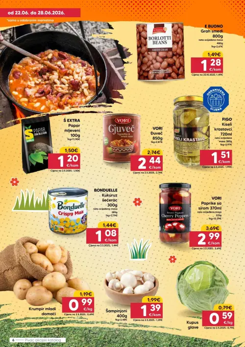 Pivac katalog — stranica 6: Šampinjoni, Kupus glave, BONDUELLE Kukuruz šećerac, FIGO Kiseli krastavci (vrijedi 22. 06. 2026.–28. 06. 2026.)