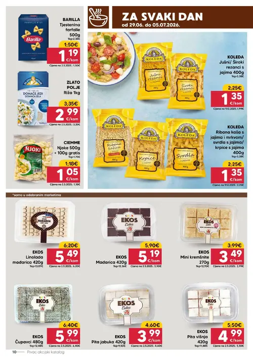 Pivac katalog — stranica 10: KOLEDA Ribana kaša s jajima i mrkvom/ svrdla s jajima/ krpice s jajima, KOLEDA Juśni / Široki rezanci s jajima, BARILLA Tjestenina farfalle, EKOS Pita jabuka (vrijedi 29. 06. 2026.–05. 07. 2026.)