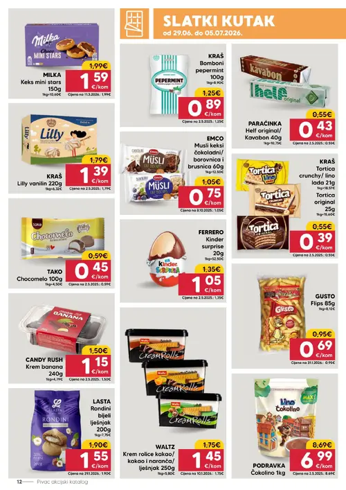 Pivac katalog — stranica 12: KRAŠ KRAŠ Tortica crunchy/ lino lada i Tortica original, KRAŠ KRAŠ Bomboni peppermint, EMCO EMCO Musli keksi čokoladni/ borovnica i brusnica, GUSTO GUSTO Flips (vrijedi 29. 06. 2026.–05. 07. 2026.)