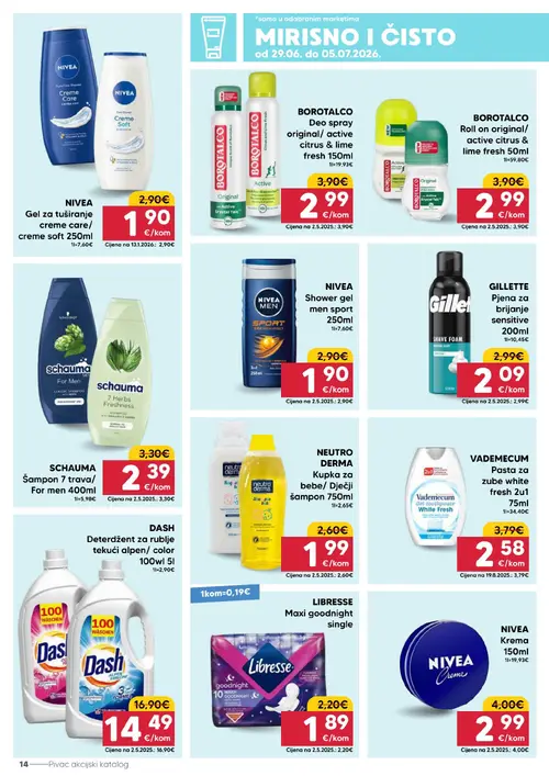 Pivac katalog — stranica 14: NIVEA Shower gel men sport 250ml, NIVEA Gel za tuširanje creme care/ creme soft 250ml, VADEMECUM Pasta za zube white fresh 2u1 75ml, GILLETTE Pjena za brijanje sensitive 200ml (vrijedi 29. 06. 2026.–05. 07. 2026.)