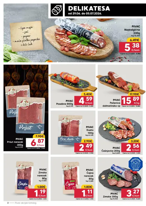 Pivac katalog — stranica 2: PIVAC PIVAC Čajna narezak, PIVAC PIVAC Zimska narezak, PIVAC PIVAC Zimska, PIVAC PIVAC Češnjovka (vrijedi 29. 06. 2026.–05. 07. 2026.)