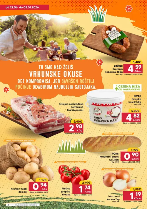 Pivac katalog — stranica 4: Luk crveni kapula, Rajčica grapolo rinfuza, Krumpir mladi domaći, PONS Kukuruzni baget lux (vrijedi 29. 06. 2026.–05. 07. 2026.)