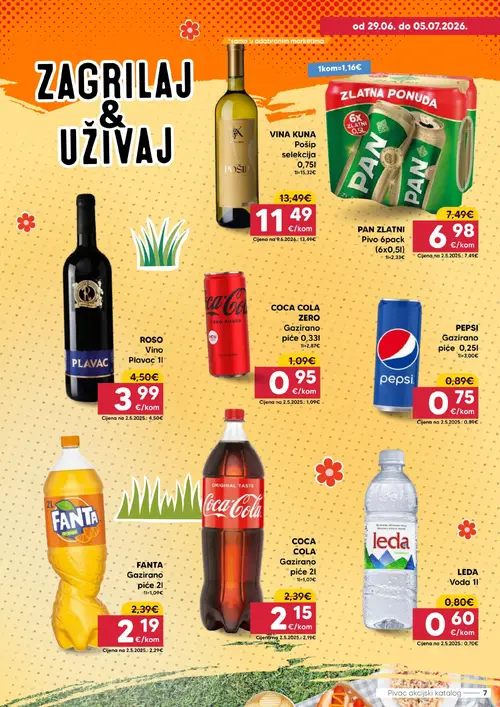 Pivac katalog — stranica 7: Leda LEDA Voda, Pepsi PEPSI Gazirano piće, Vina Kuna VINA KUNA Pošip selekcija, Coca Cola COCA COLA ZERO Gazirano piće (vrijedi 29. 06. 2026.–05. 07. 2026.)