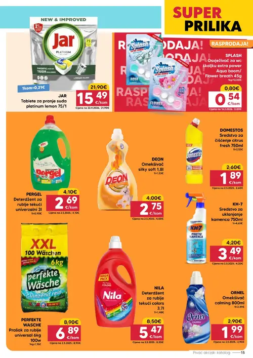 Pivac katalog — stranica 15: NILA Deterdžent za rublje tekući colors 3,7l, PERGEL Deterdžent za rublje tekući univerzalni 3l, SPLASH Osvježivač za wc školjku extra power Aqua boom/ Flower breath 45g, ORNEL Omekšivač calming 800ml (vrijedi 06. 07. 2026.–12. 07. 2026.)