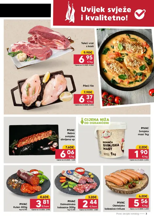 Pivac katalog — stranica 3: Teleći vrat s kosti, PIVAC PIVAC Dalmatinska kobasica 200g, PIVAC Rebra svinjska dimljena vp, Pileći file (vrijedi 06. 07. 2026.–12. 07. 2026.)