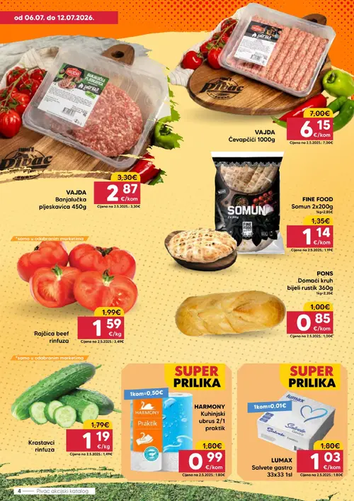 Pivac katalog — stranica 4: HARMONY HARMONY Kuhinjski ubrus 2/1 praktik, LUMAX LUMAX Salvete gastro 33x33 1sl, Krastavci rinfuza, Rajčica beef rinfuza (vrijedi 06. 07. 2026.–12. 07. 2026.)