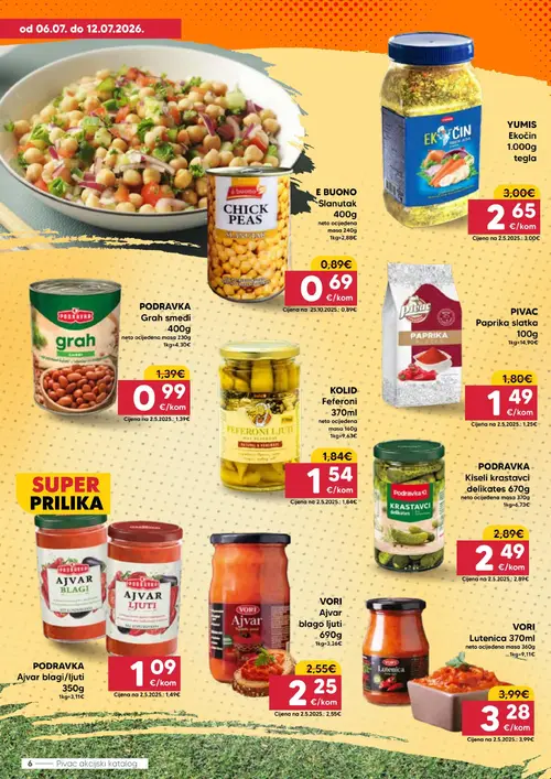 Pivac katalog — stranica 6: PODRAVKA Grah smeđi, PODRAVKA Ajvar blagi/ljuti, E BUONO E BUONO Slanutak, VORI Lutenica (vrijedi 06. 07. 2026.–12. 07. 2026.)