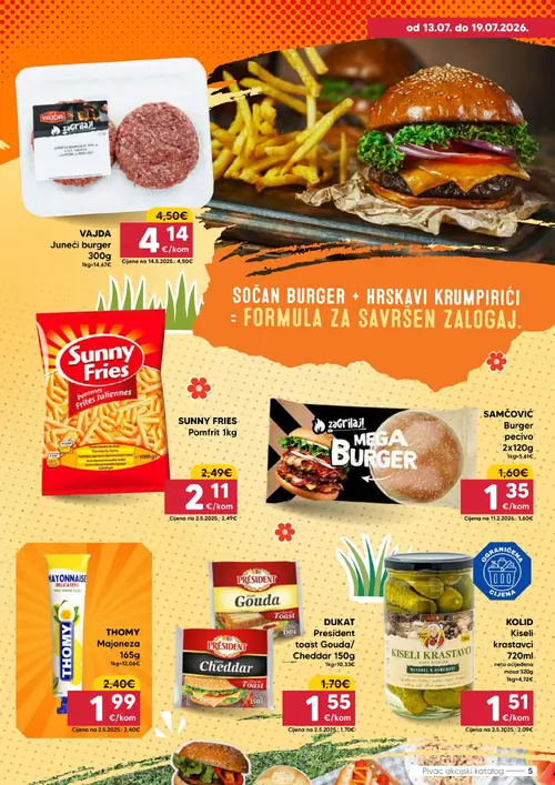Pivac katalog — stranica 5: KOLIB Kolib Kiseli krastavci 720ml, THOMY Thomy Majoneza 165g, zaGrilaj! Mega Burger, Sunny Fries Sunny Fries Pomfrit 1kg (vrijedi 13. 07. 2026.–19. 07. 2026.)