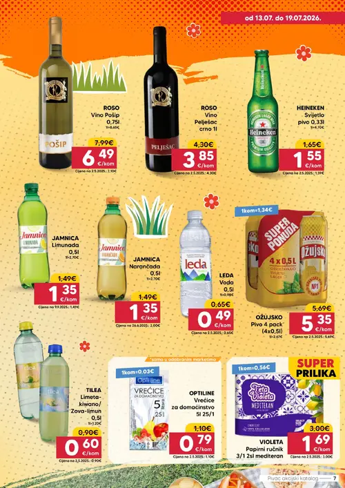 Pivac katalog — stranica 7: VIOLETA Papirni ručnik, TILEA Limeta-kiwano/ Zova-limun, OPTILINE Vrećice za domaćinstvo, LEDA Voda (vrijedi 13. 07. 2026.–19. 07. 2026.)