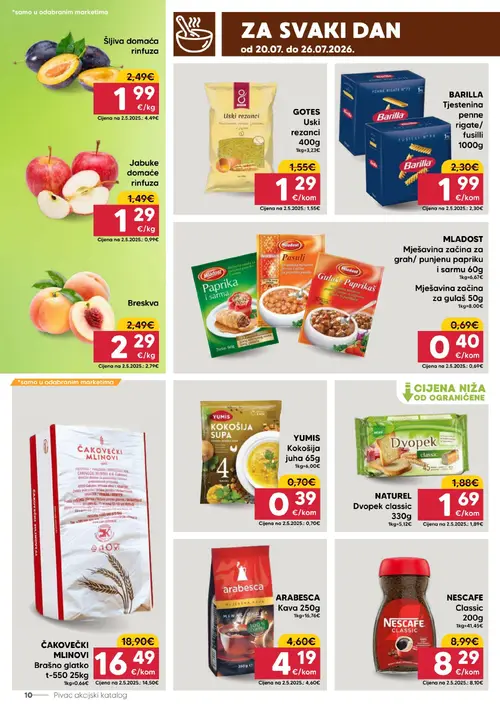 Pivac katalog — stranica 10: YUMIS Kokošija juha 65g, MLADOST Mješavina začina za grah/ punjenu papriku i sarmu 60g, MLADOST Mješavina začina za gulaš 50g, Šljiva domaća rinfuza (vrijedi 20. 07. 2026.–26. 07. 2026.)