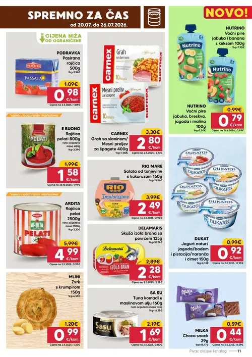 Pivac katalog — stranica 11: MILKA Milka Choco snack, SA SU Sa Su Tuna komadi u maslinovom ulju, DELAMARIS Delamaris Izola brand s povrćem, E BUONO E BUONO Pelati rajčica (vrijedi 20. 07. 2026.–26. 07. 2026.)
