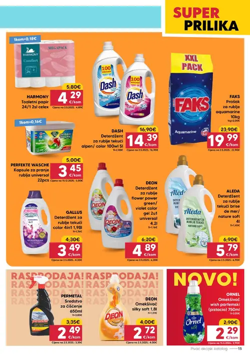 Pivac katalog — stranica 15: DEON DEON Omekšivač silky soft 1,8l, PERFEKTE WASCHE Perfekte Wasche Kapsule za pranje rublja universal, HARMONY Harmony Toaletni papir 24/1 2sl celex, PERMETAL PERMETAL Sredstvo za čišćenje 650ml (vrijedi 20. 07. 2026.–26. 07. 2026.)