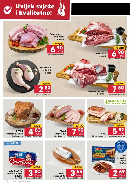 Pivac katalog — stranica 2: Pileći batak zabatak s kosti, Teleća rebra, prsa, flam s kosti, Teleći vrat s kosti, PIVAC Hamburger vp (vrijedi 20. 07. 2026.–26. 07. 2026.)