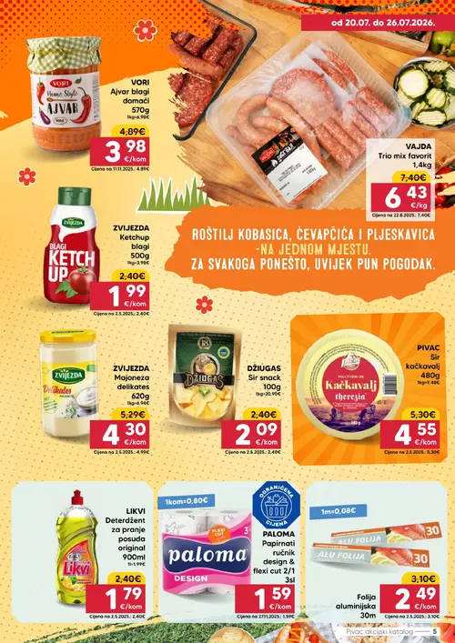 Pivac katalog — stranica 5: LIKVI Deterdžent za pranje posuđa original, Folija aluminijska, ZVIJEZDA Majoneza delikates, VORI Ajvar blagi domaći (vrijedi 20. 07. 2026.–26. 07. 2026.)