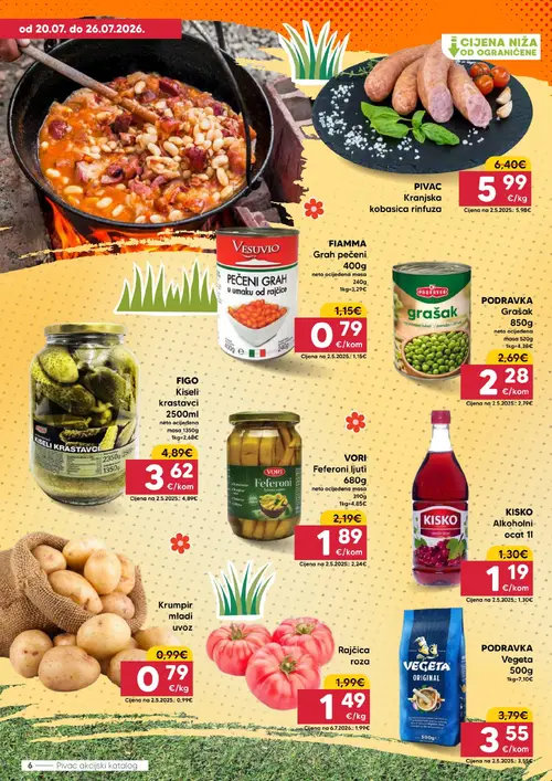 Pivac katalog — stranica 6: FIAMMA Grah pečeni u umaku od rajčice, FIGO Kiseli krastavci, Rajčica roza, Krumpir mladi uvoz (vrijedi 20. 07. 2026.–26. 07. 2026.)