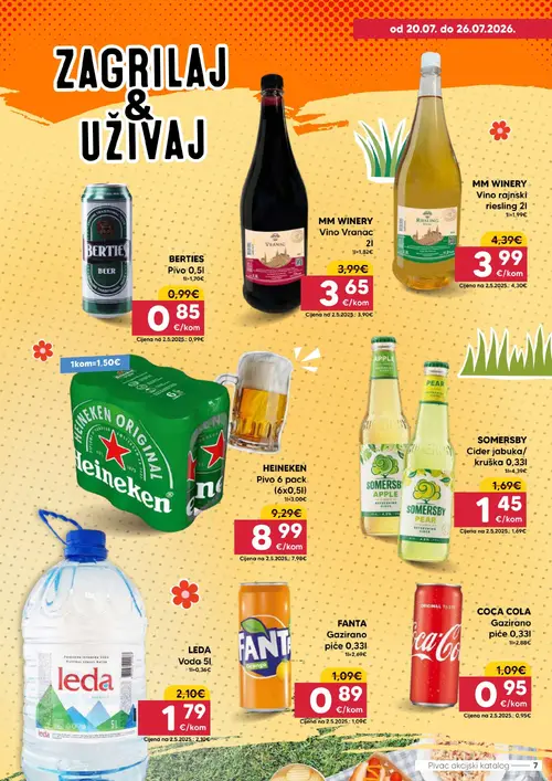 Pivac katalog — stranica 7: FANTA FANTA Gazirano piće 0,33l, LEDA LEDA Voda 5l, SOMERSBY SOMERSBY Cider jabuka/kruška 0,33l, BERTIES BERTIES Pivo 0,5l (vrijedi 20. 07. 2026.–26. 07. 2026.)