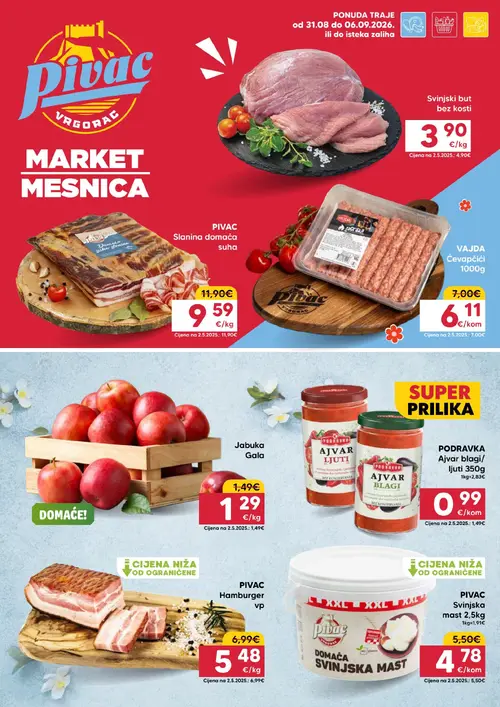 Pivac katalog — stranica 1: PIVAC Hamburger vp, PIVAC Slanina domaća suha, Jabuka Gala, PIVAC Svinjska mast (vrijedi 31.08.–06.09.2026.)