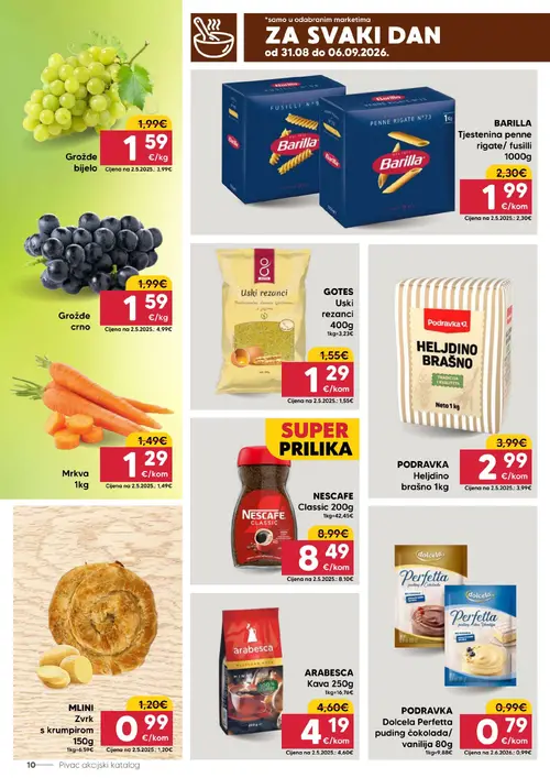 Pivac katalog — stranica 10: PODRAVKA Heljdimo brašno, PODRAVKA Dolcela puding čokolada/ vanilija, Grožđe bijelo, Grožđe crno (vrijedi 31.08.–06.09.2026.)