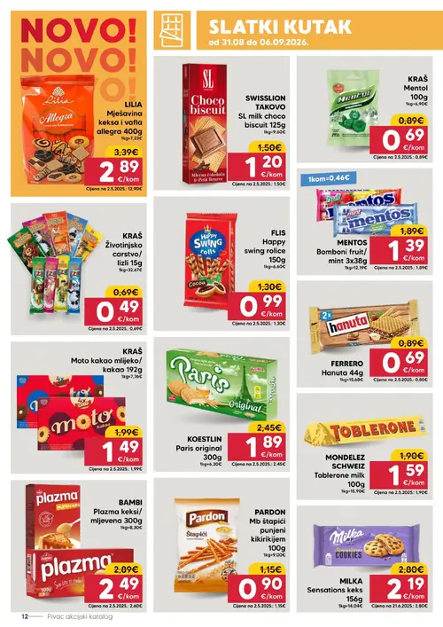 Pivac katalog — stranica 12: KRAŠ Životinjsko carstvo/lizli, MENTOS Bomboni fruit/ mint 3x38g, KRAŠ Moto kakao mlijeko/kakao, FLIS Happy swing rolice (vrijedi 31.08.–06.09.2026.)