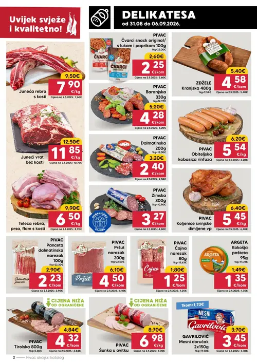 Pivac katalog — stranica 2: Teleća rebra, prsa, flam s kosti, PIVAC Čajna, PIVAC Zimska, PIVAC Pršut narezak (vrijedi 31.08.–06.09.2026.)