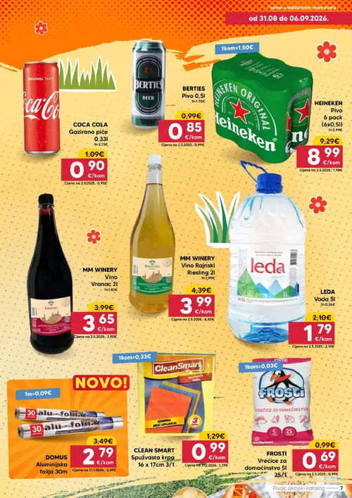 Pivac katalog — stranica 7: FROSTI Vrećice za domaćinstvo 5l 25/1, CLEAN SMART Spužvasta krpa 16 x 17cm 3/1, DOMUS Aluminijska folija 30m, LEDA Voda 5l (vrijedi 31.08.–06.09.2026.)
