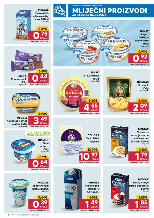 Pivac katalog — stranica 8: MILKA Choco snack 29g, DŽIUGAS Sir jr. 1/8 6 mjeseci, DR MILK Sirni namaz 100g, MEGGLE Slatko vrhnje creme patisserie 500ml (vrijedi 31.08.–06.09.2026.)