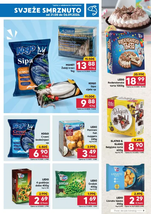 Pivac katalog — stranica 9: LEDO Grašak, LEDO Panirani fish nuggets, MANET žablji kraci, KOGO Sipa cijela vp (vrijedi 31.08.–06.09.2026.)