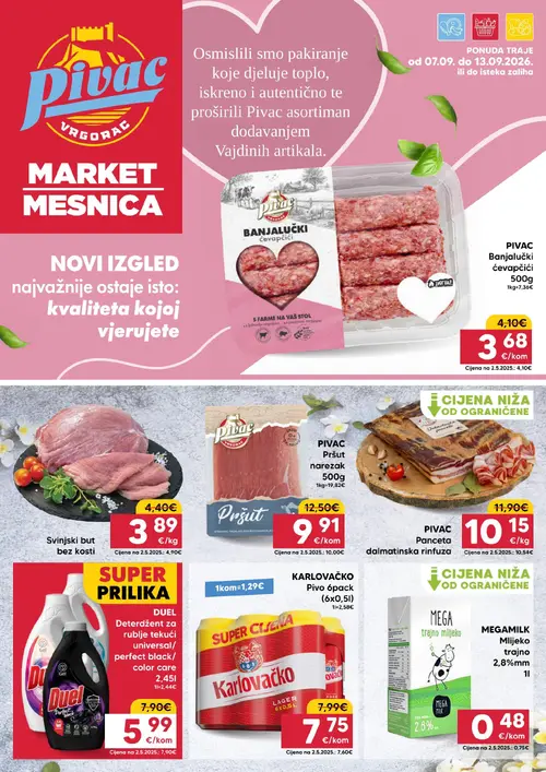 Pivac katalog — stranica 1: MEGAMILK Mlijeko trajno 2,8%mm, DUEL Deterdžent za rublje tekući universal/ perfect black/ color care, PIVAC Pršut narezak, PIVAC Panceta dalmatinska rinfuza (vrijedi 07.09.–13.09.2026.)