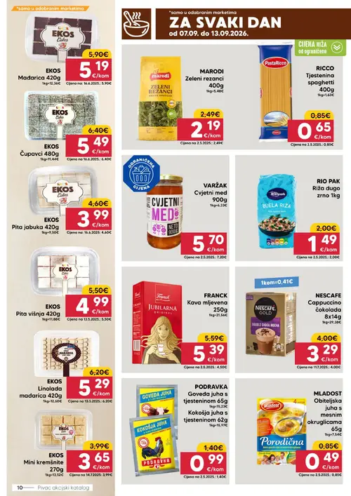 Pivac katalog — stranica 10: MLADOST Obiteljska juha s mesnim okruglicama 65g, PODRAVKA Gojeća juha s tjesteninom 65g, PODRAVKA Kokošja juha s tjesteninom 62g, RIO PAK Riža dugo zrno 1kg (vrijedi 07.09.–13.09.2026.)