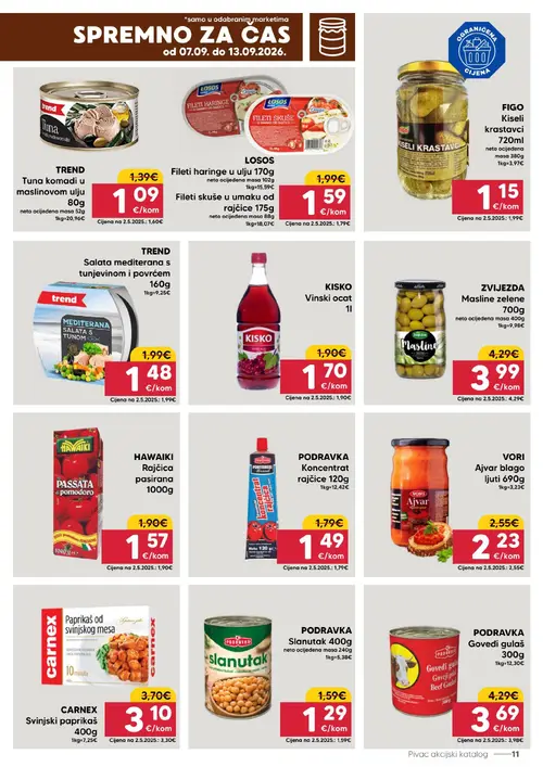 Pivac katalog — stranica 11: FIGO Kiseli krastavci 720ml, TREND Salata mediterana s tunjevinom i povrćem 160g, TREND Tuna komadi u maslinovom ulju 80g, LOSOS Fileti haringe u ulju 170g (vrijedi 07.09.–13.09.2026.)