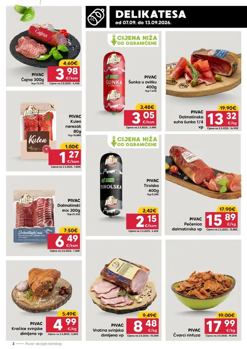 Pivac katalog — stranica 2: Pivac Dalmatinska suha šunka 1/4 vp, Pivac Kulen narezak 80g, Pivac Dalmatinski mix 300g, Pivac čajna 300g (vrijedi 07.09.–13.09.2026.)