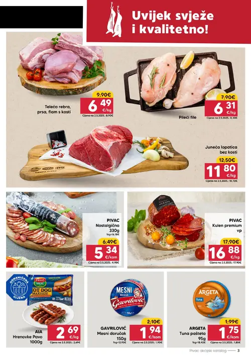 Pivac katalog — stranica 3: Teleća rebra, prsa, flam s kosti, Pileći file, PIVAC Nostalgična, ARGETA Tuna pašteta 95g (vrijedi 07.09.–13.09.2026.)